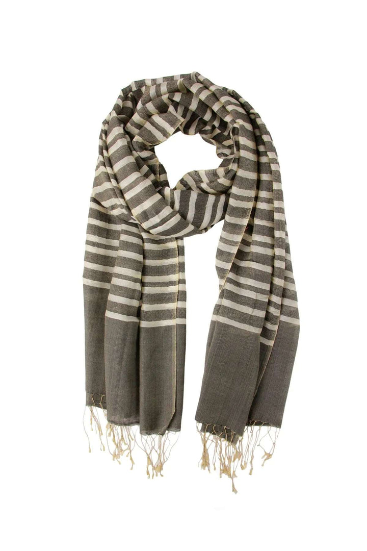 Camille Striped Lightweight Printed Scarf With Fringe Dim Gray