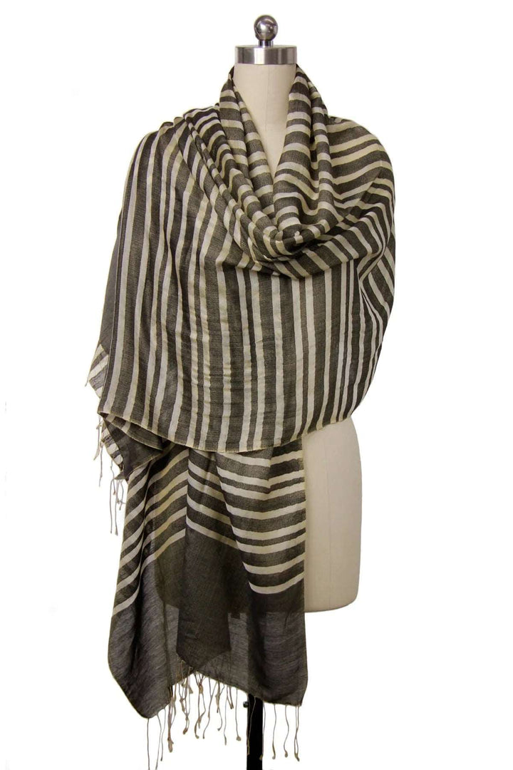 Camille Striped Lightweight Printed Scarf With Fringe Dim Gray