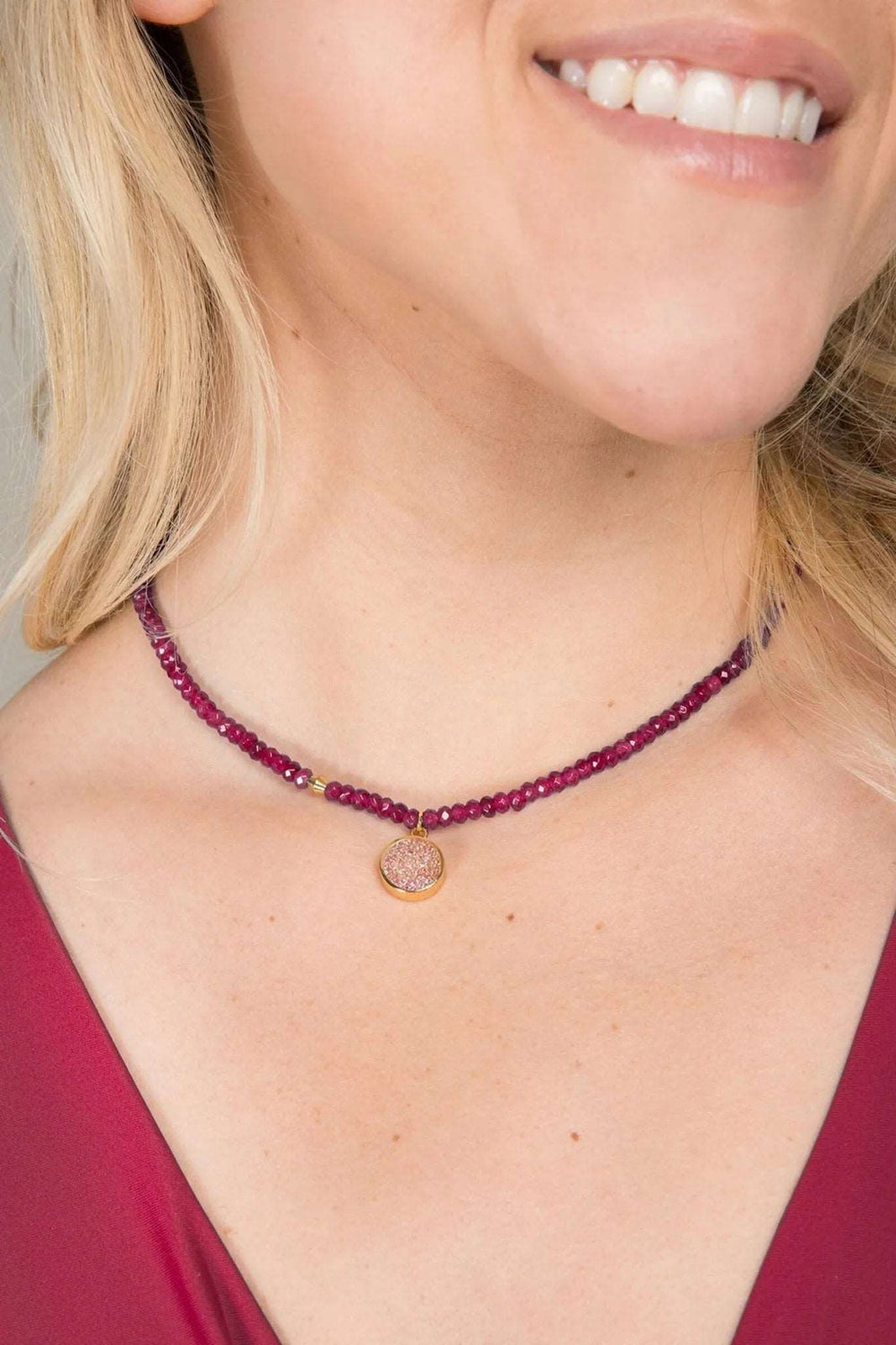 Agate Gemstone Beads Necklace with Druzy Pendant Dark Red