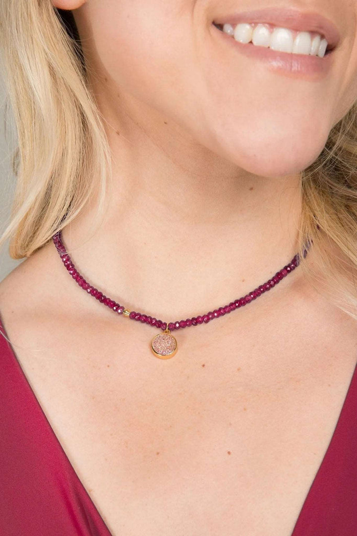Agate Gemstone Beads Necklace with Druzy Pendant Dark Red