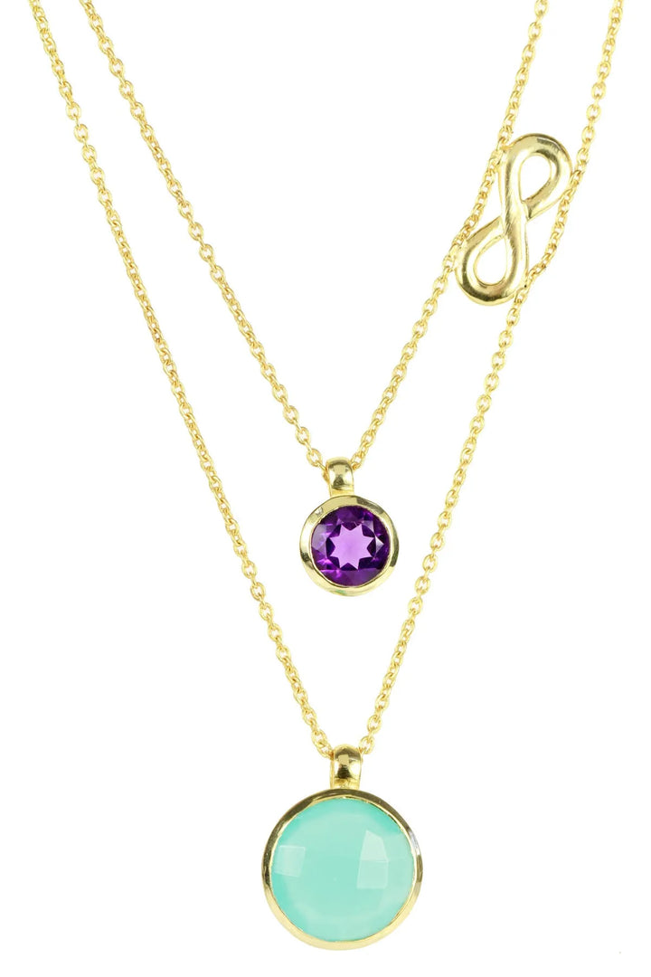 Aqua Chalcedony, Amethyst Double Layer Infinity Necklace Turquoise 