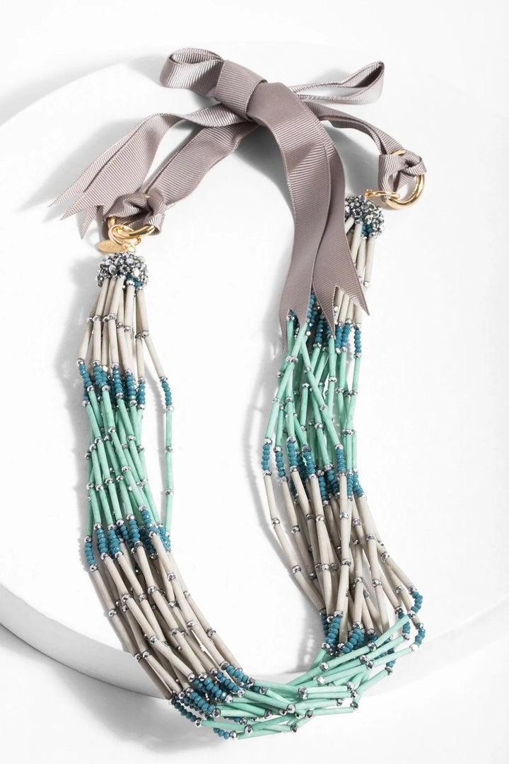 Multi Beaded Strand Statement Necklace With Ribbon Tie Aquamarine