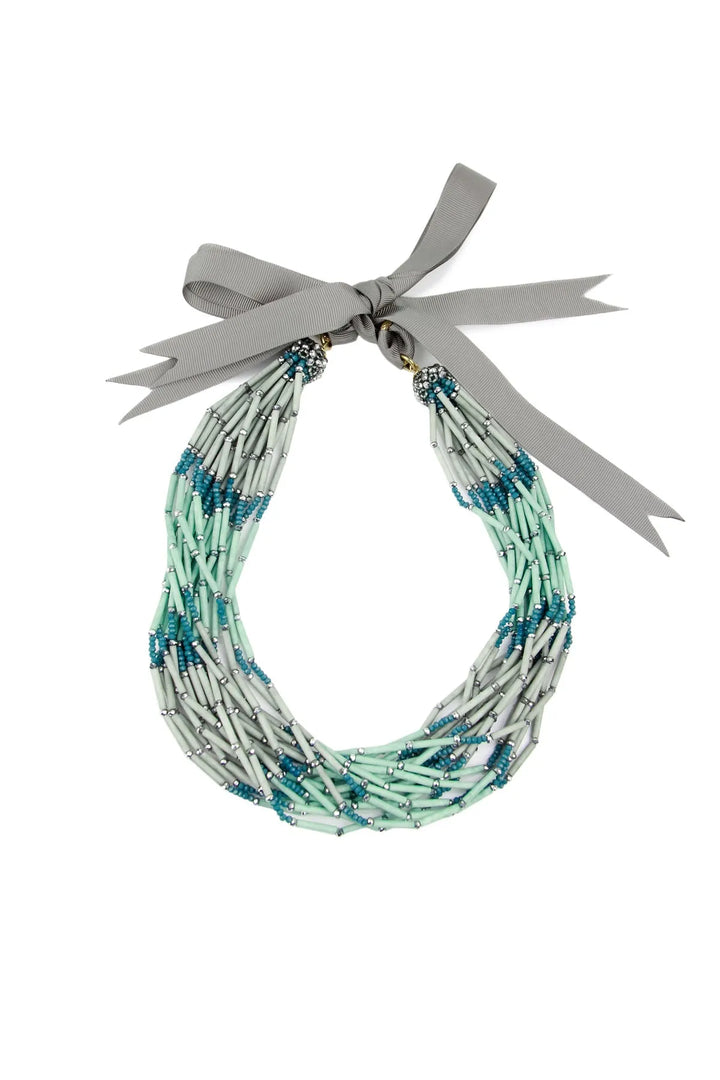 Multi Beaded Strand Statement Necklace With Ribbon Tie Aquamarine
