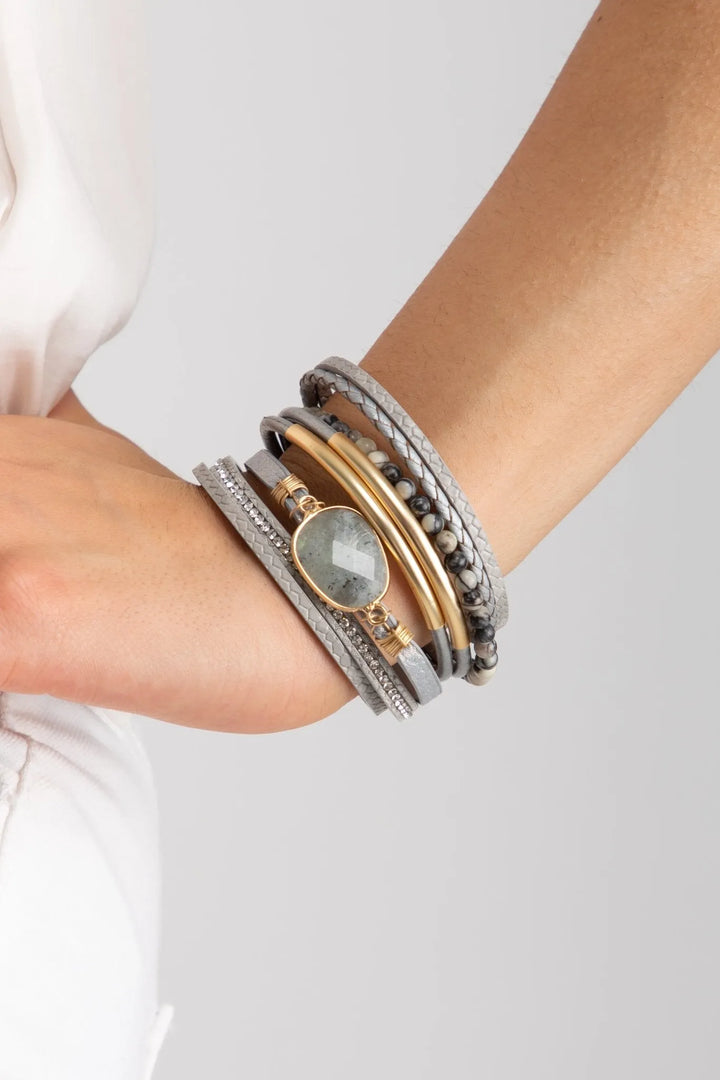 Hollis Beaded Leather Bracelet Grey