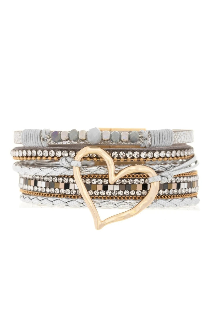 Vegan Leather Golden Heart Beaded Bracelet Silver