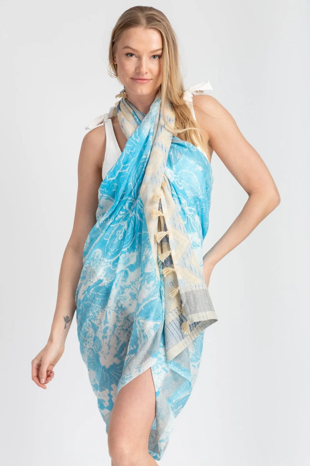 Misty Mixed Bordered Scarf Sky Blue