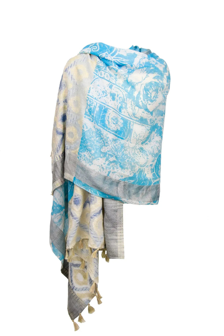 Misty Mixed Bordered Scarf Sky Blue