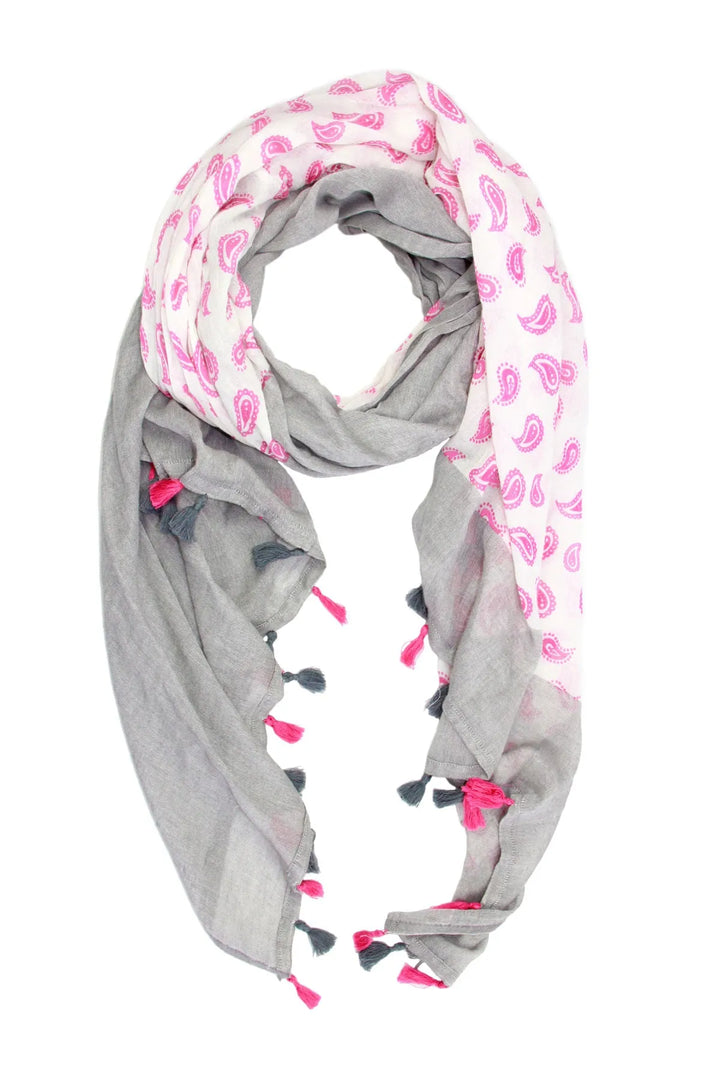 Paisley Pattern Print Scarf with Tassel Fringe Gray