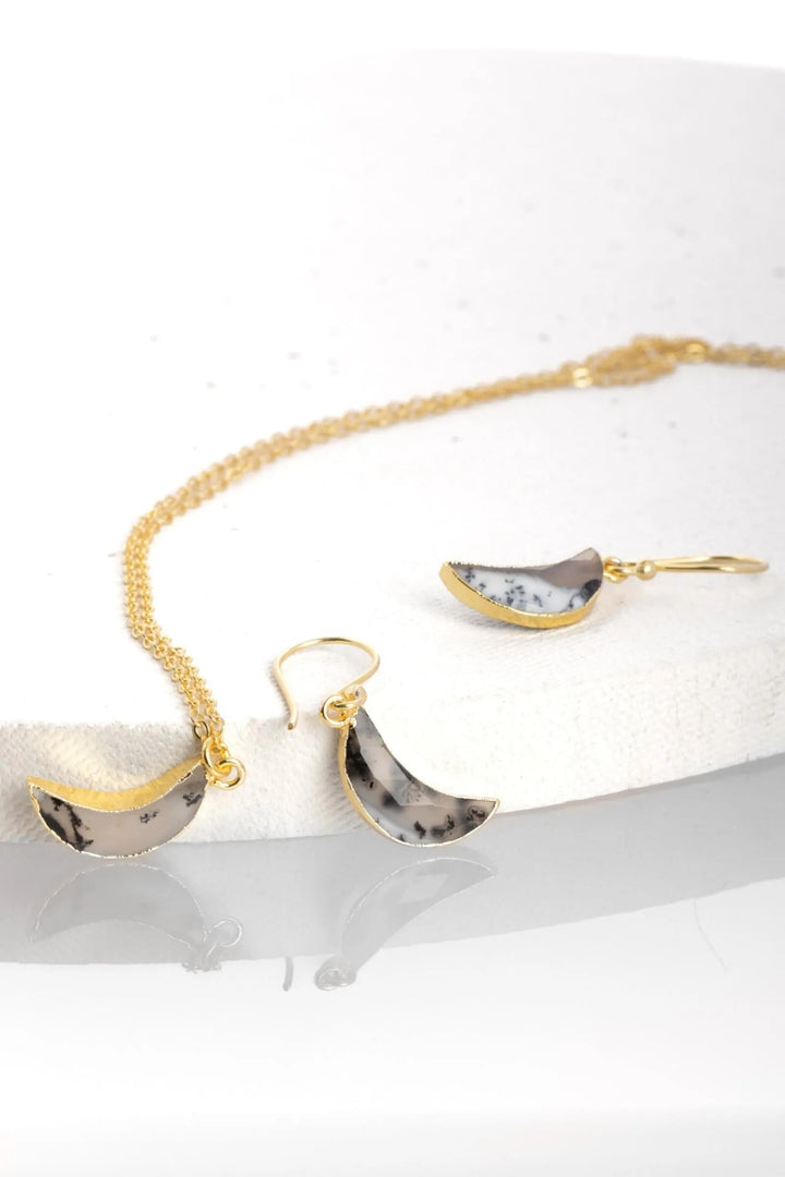 Mini Moon Gemstone Earring and Necklace Set White