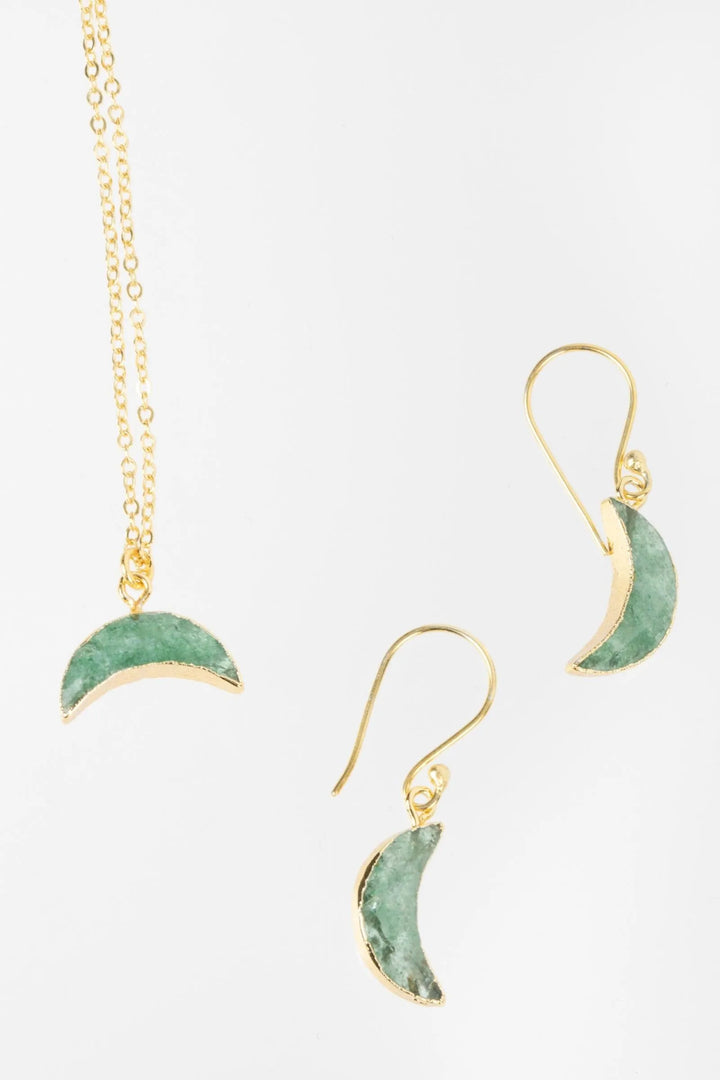 Mini Moon Gemstone Earring and Necklace Set Sea Green