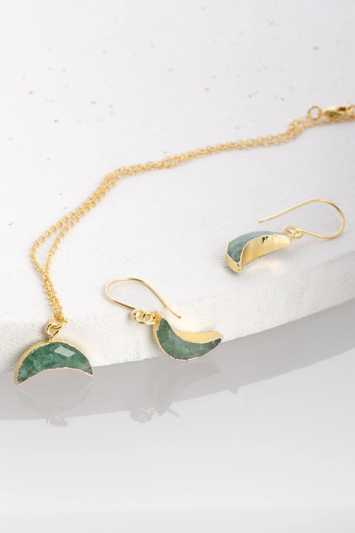 Mini Moon Gemstone Earring and Necklace Set Sea Green