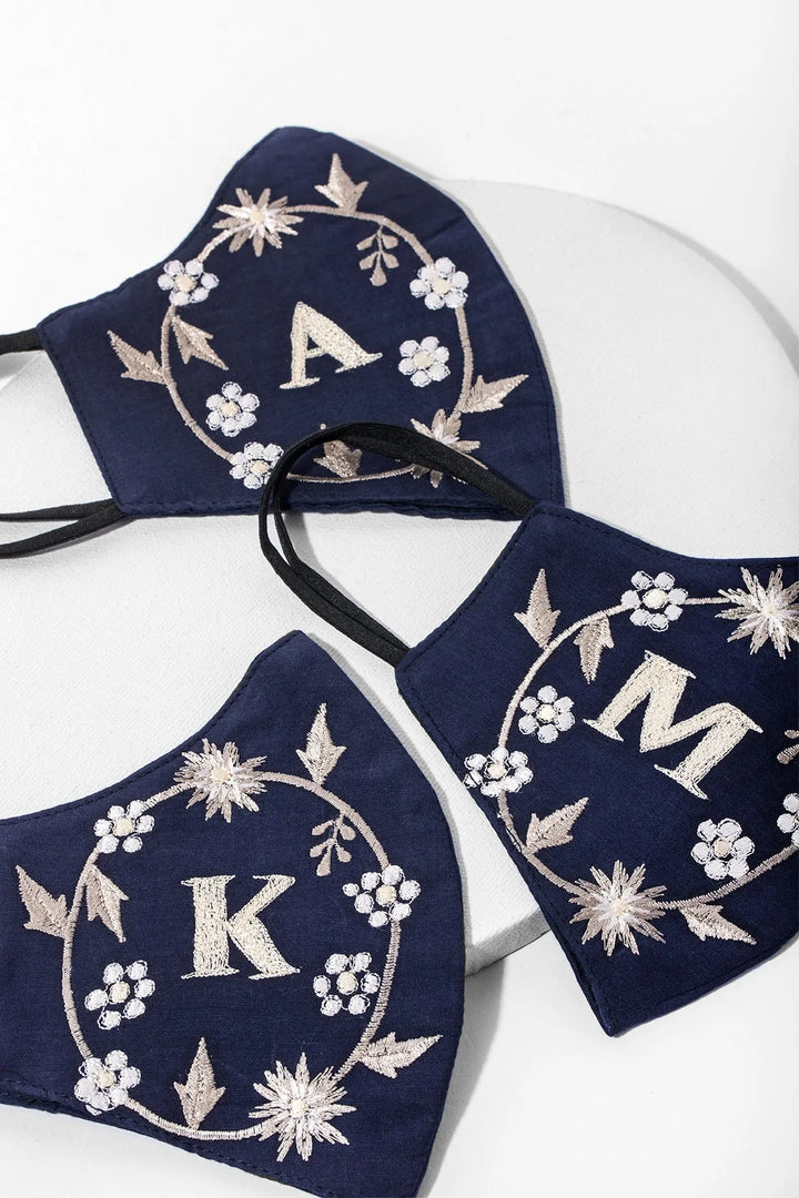 Custom White Embroidered Monogram Face Mask Navy