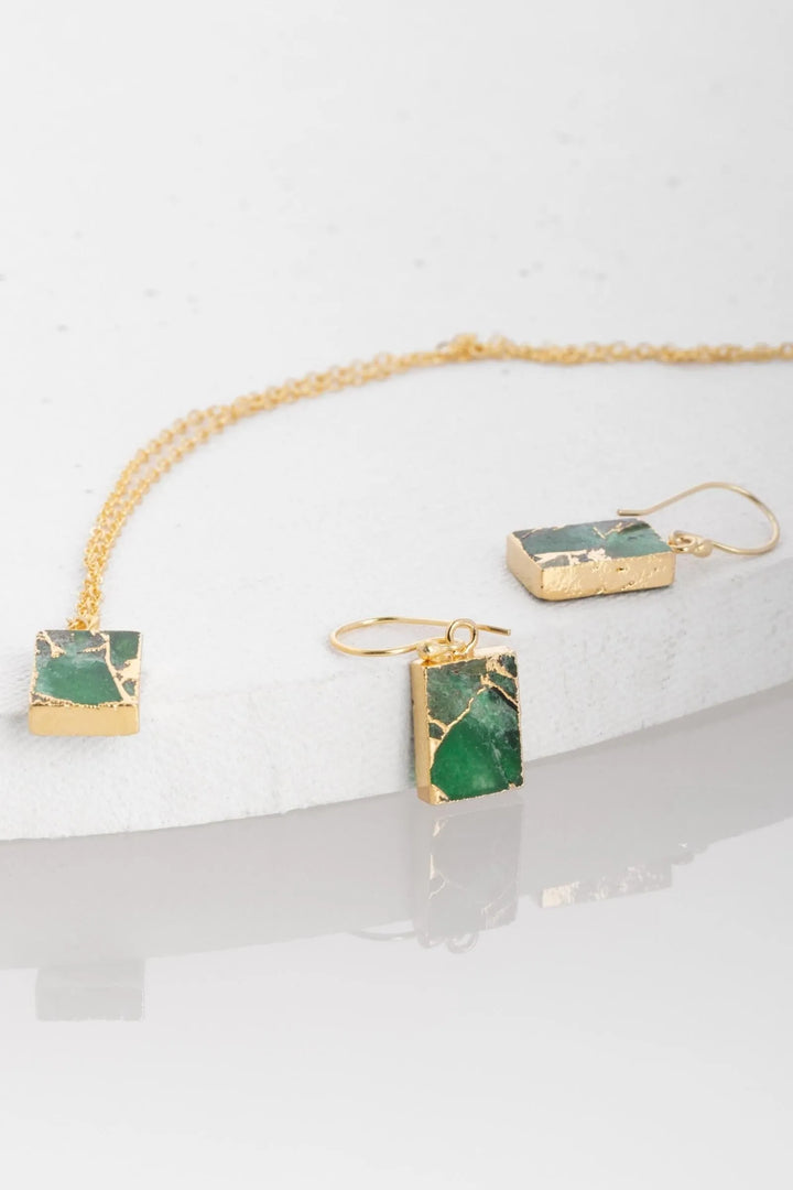Mini Square Gemstone Earring and Necklace Set Green