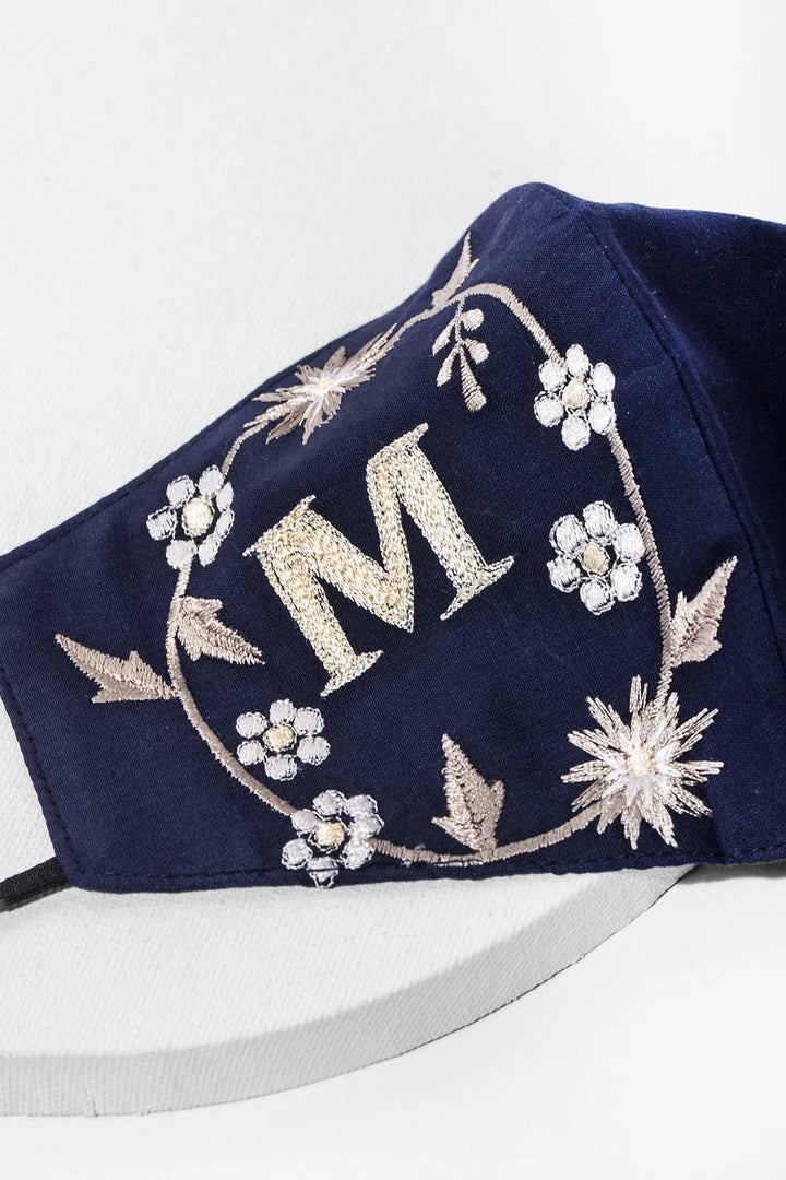 Custom White Embroidered Monogram Face Mask Navy