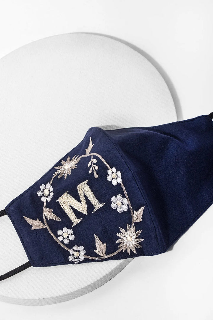 Custom White Embroidered Monogram Face Mask Navy