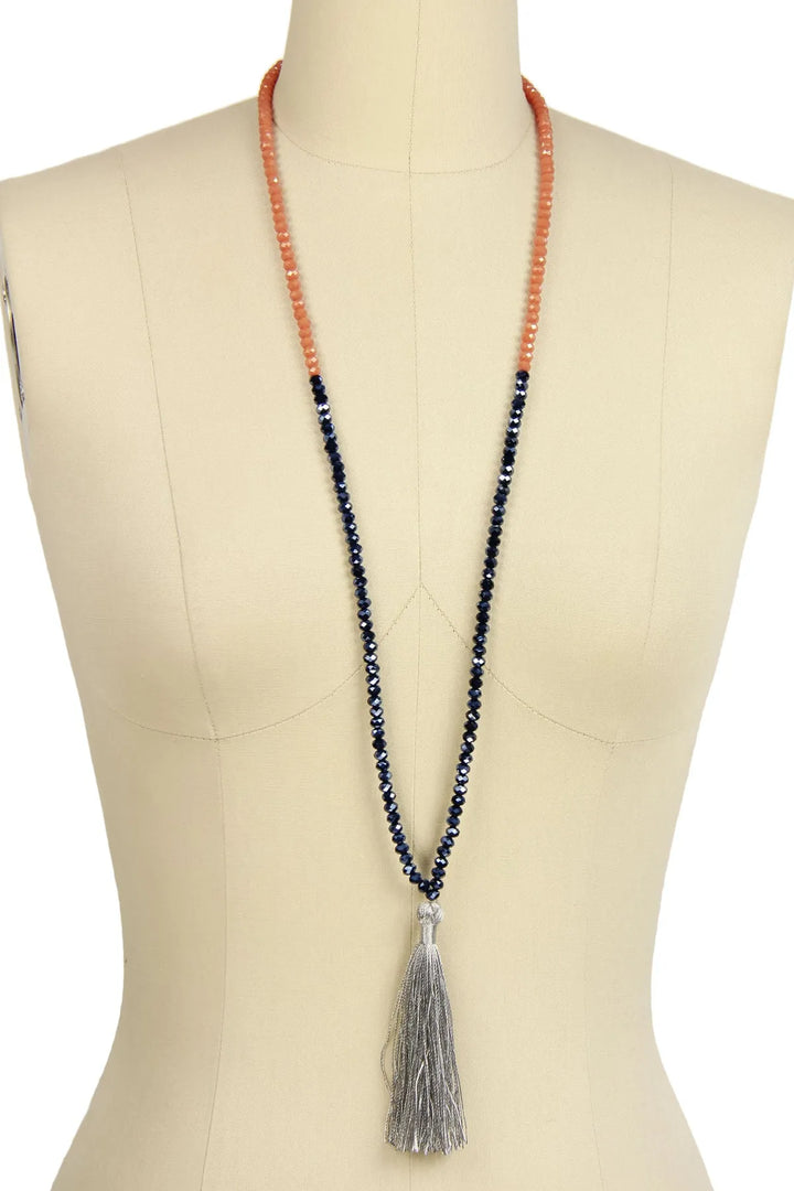 Long beaded tassel necklace Champagne with Hematite Light Salmon