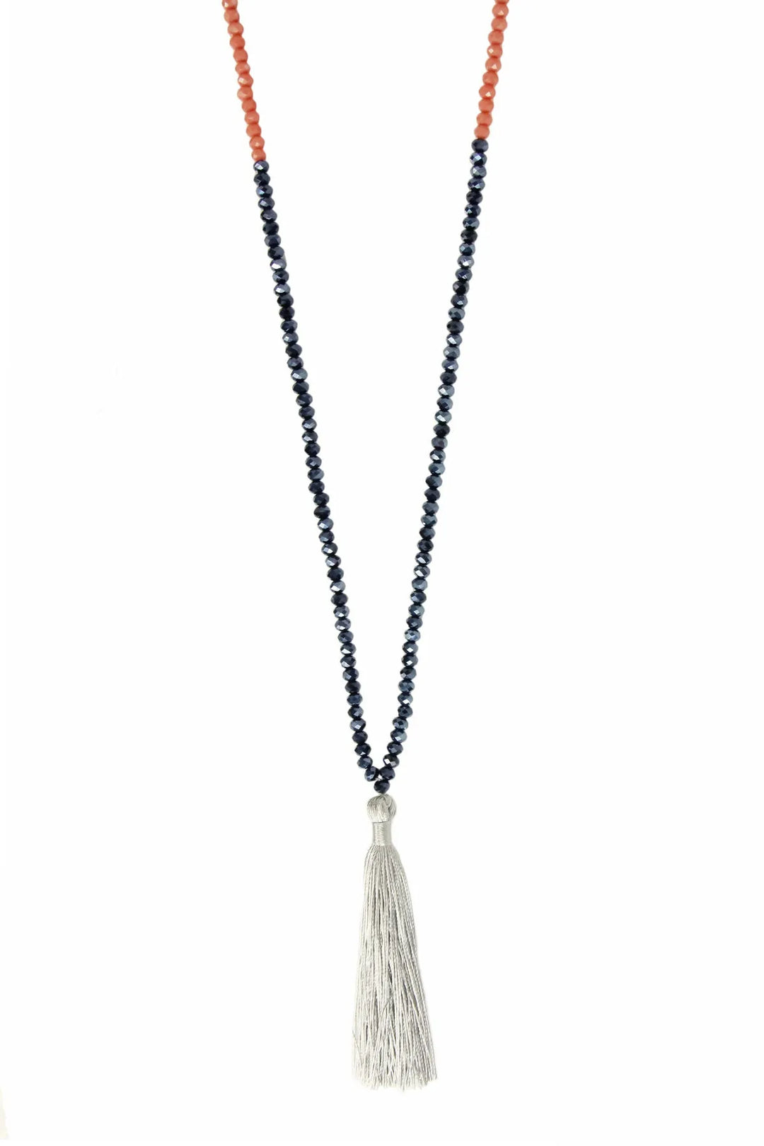 Long beaded tassel necklace Champagne with Hematite Light Salmon