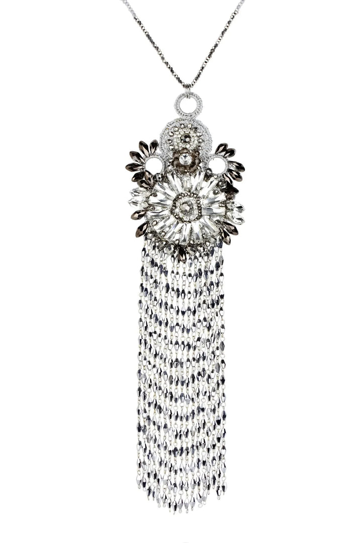 Crystal Tassel Statement Necklace Silver