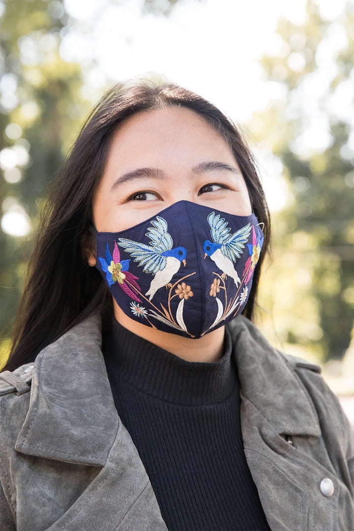 Hummingbird Embroidered Face Mask Navy