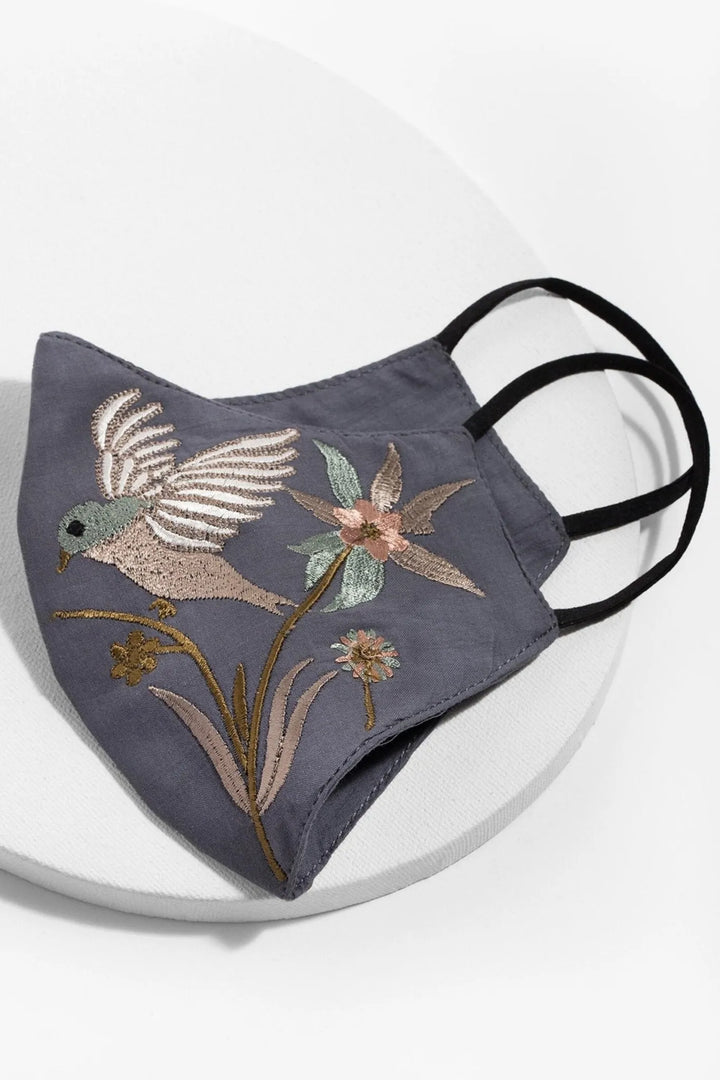 Hummingbird Embroidered Face Mask Grey