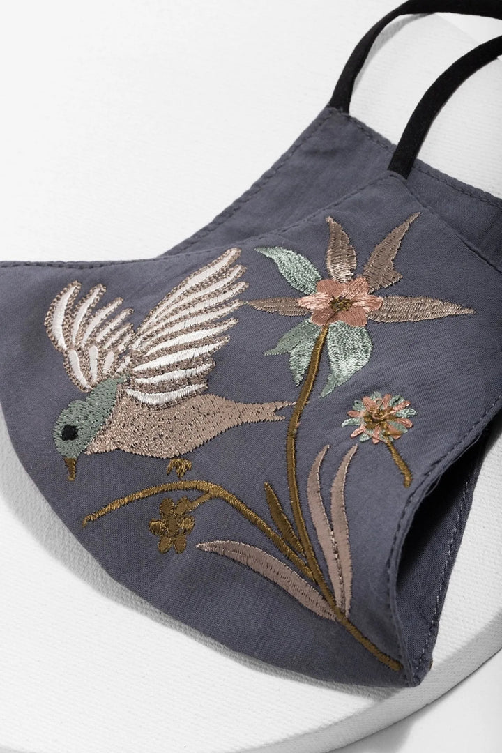 Hummingbird Embroidered Face Mask Grey