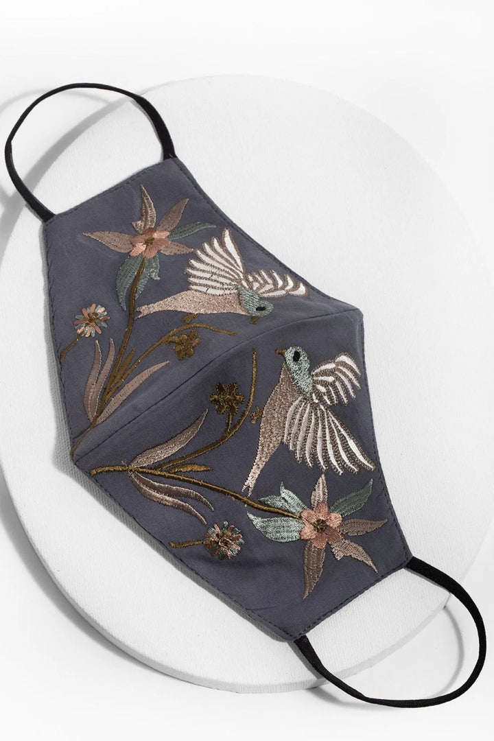 Hummingbird Embroidered Face Mask Grey