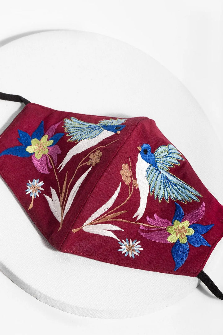 Hummingbird Embroidered Face Mask Maroon