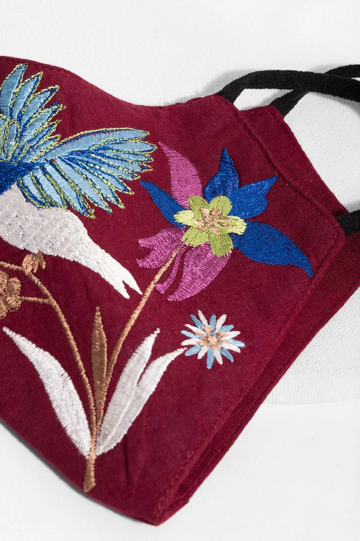 Hummingbird Embroidered Face Mask Maroon