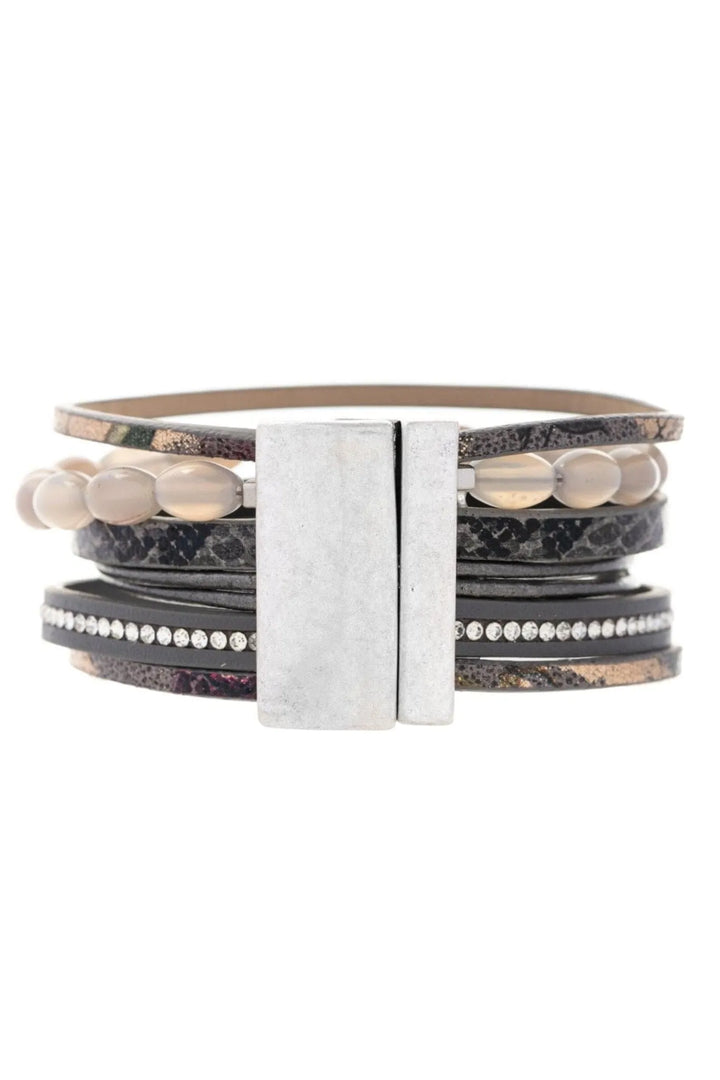 Agate Beaded Leather Bracelet Dim Gray