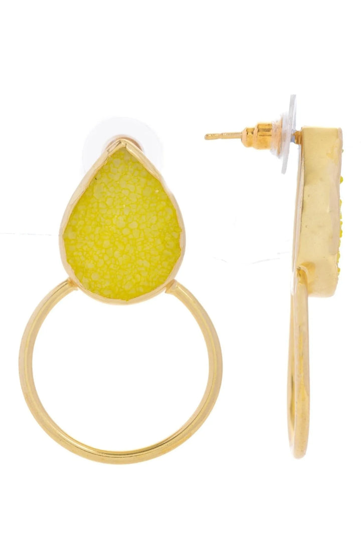 Druzy Adorned Hoop Earrings Yellow