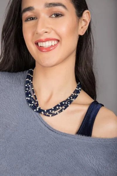 Short Crystal Pearl Necklace Navy