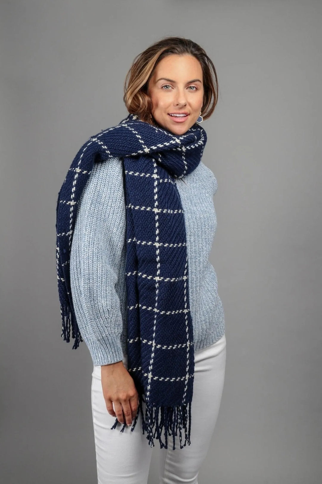 Stitched Plaid Scarf Midnight Blue