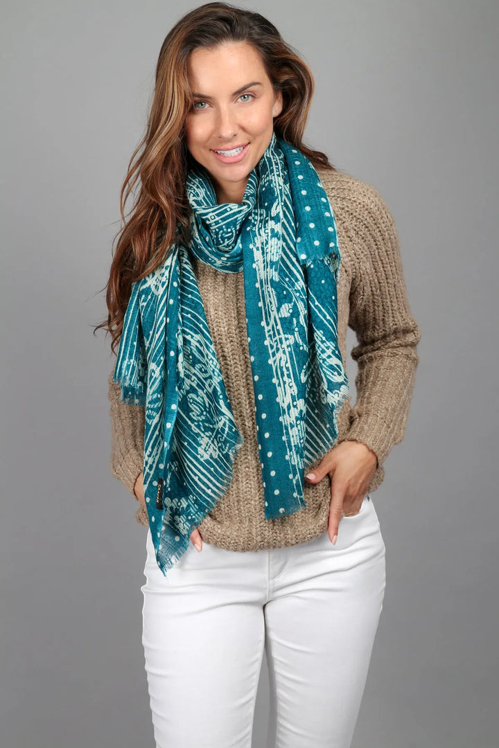 Multi Pattern Bordered Wool Scarf Teal