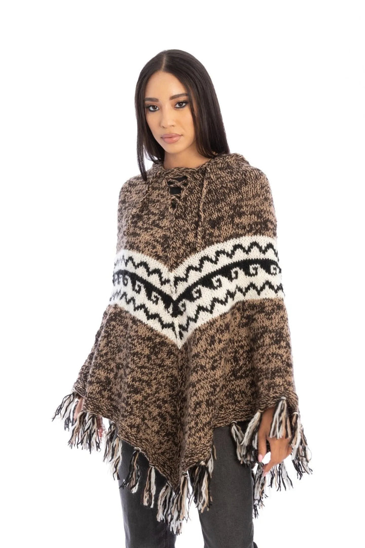 Woolen Handknitted Hooded Poncho Sienna