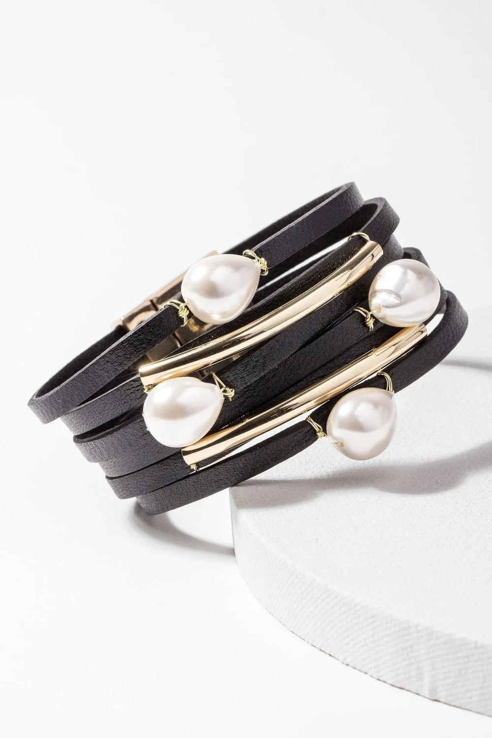 Achai Pearl Double Wrap Leather Bracelet Black