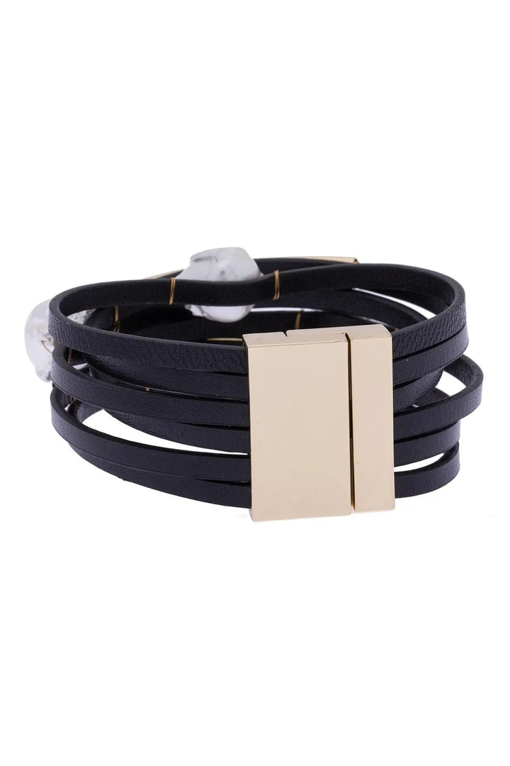 Achai Pearl Double Wrap Leather Bracelet Black