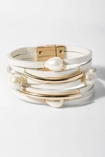 Achai Pearl Double Wrap Leather Bracelet White