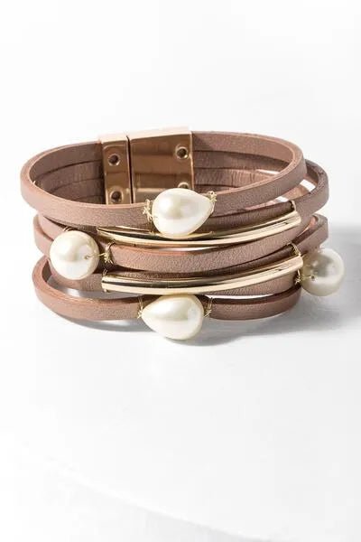 Achai Pearl Double Wrap Leather Bracelet Mistyrose