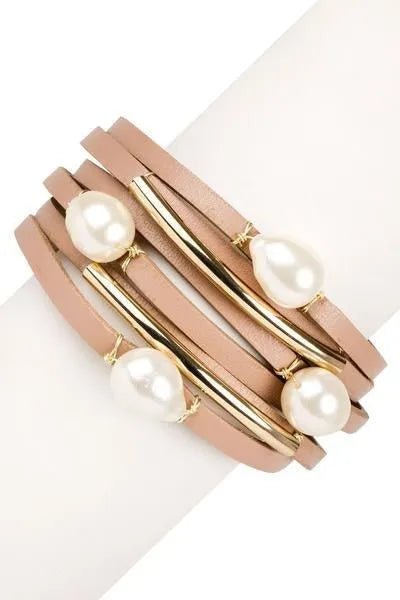 Achai Pearl Double Wrap Leather Bracelet Antique white