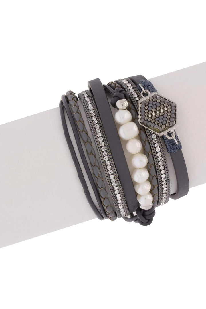 Dream Leather and Crystal Bracelet Dark Gray