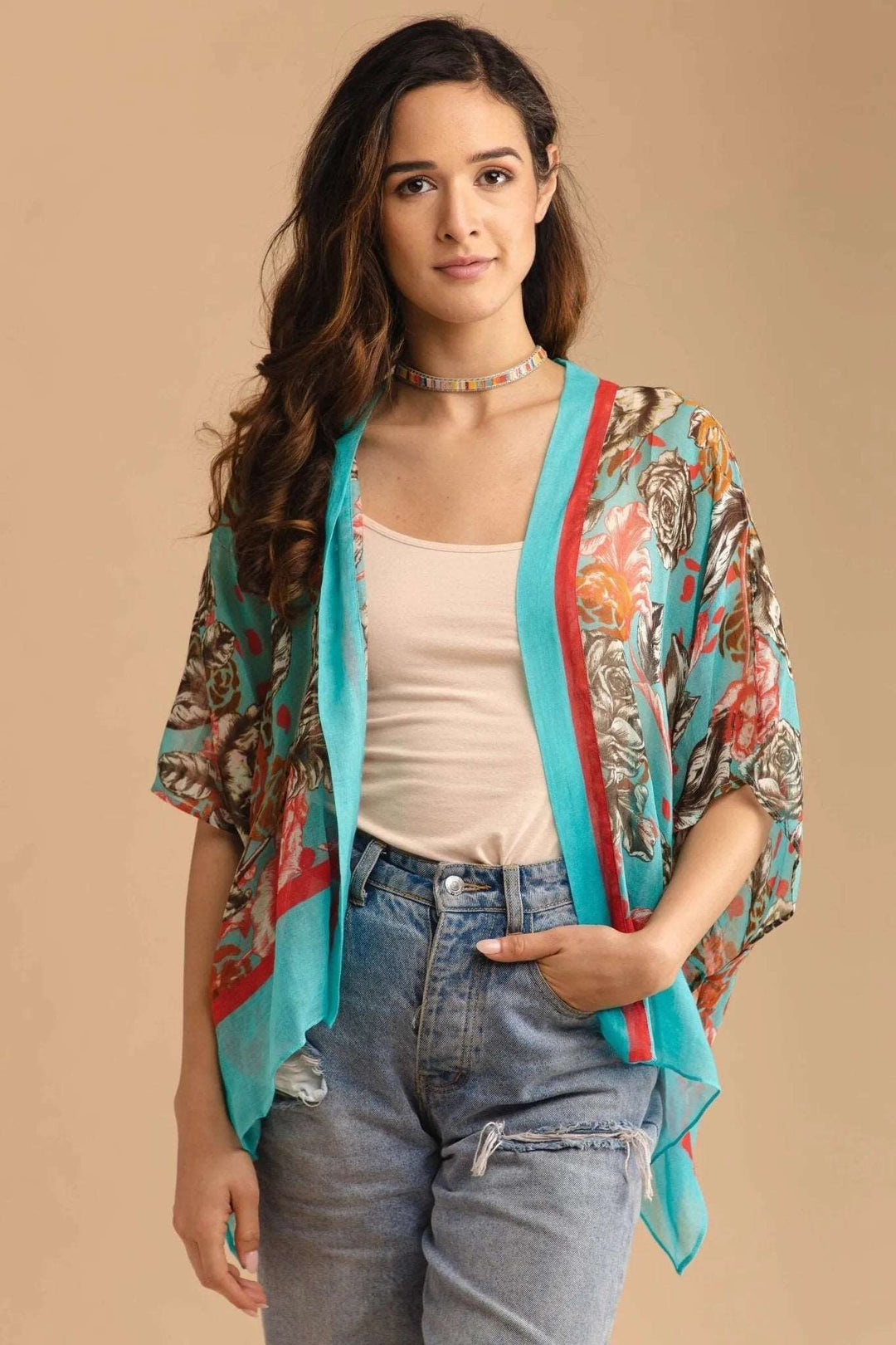 Brielle Printed Short Poncho - SAACHI - Turquoise / One Size — Fits All - Poncho