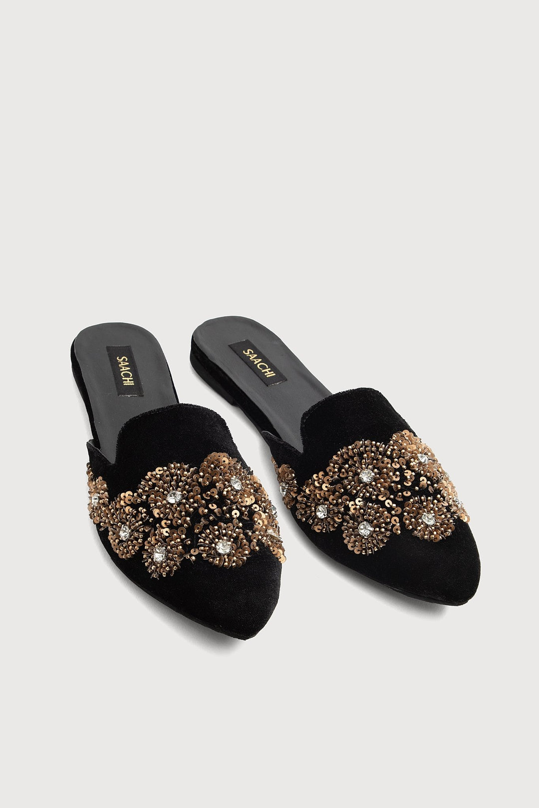 Sequined Floral Velvet Slides Black