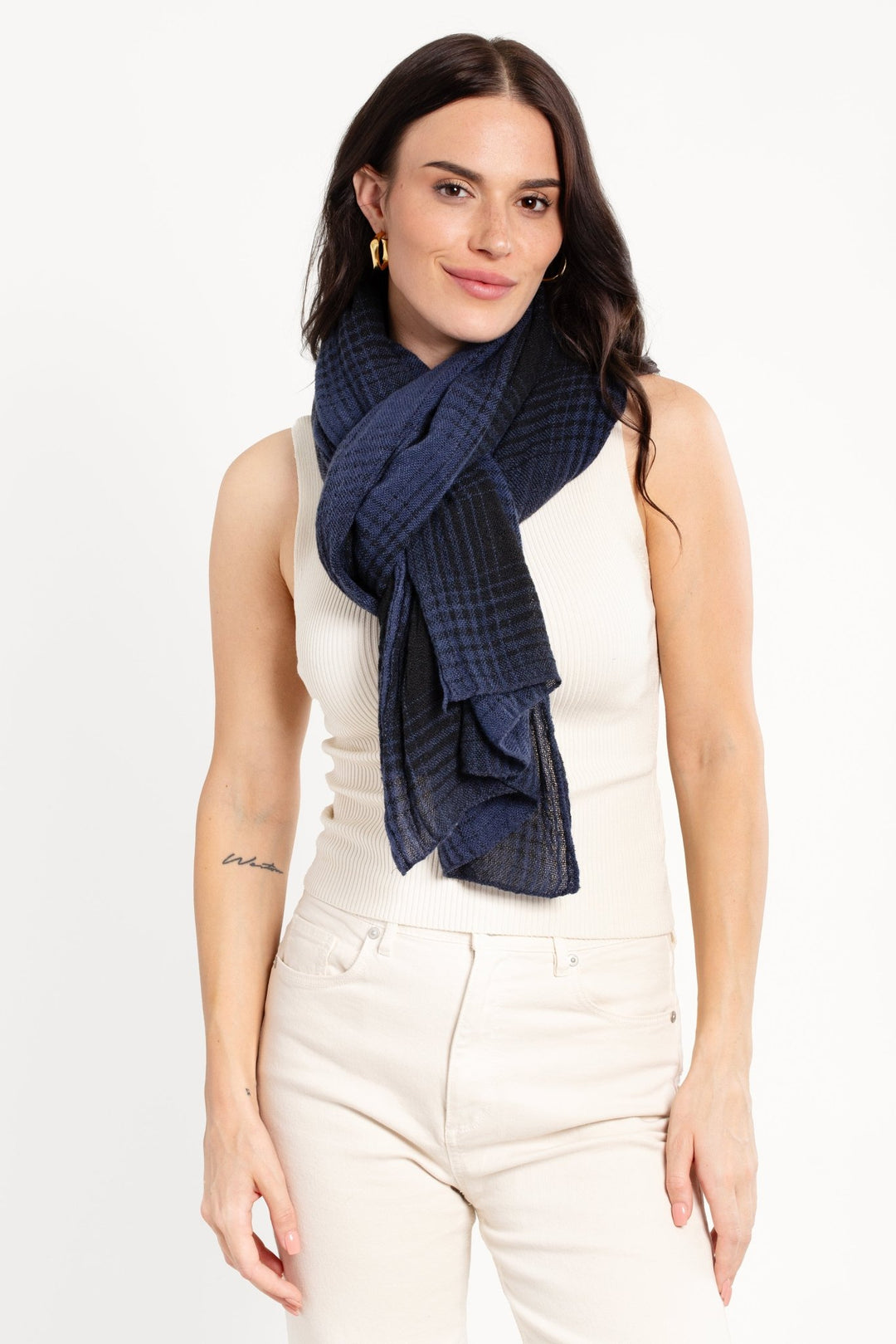 Faded Two Toned Plaid Scarf Navy