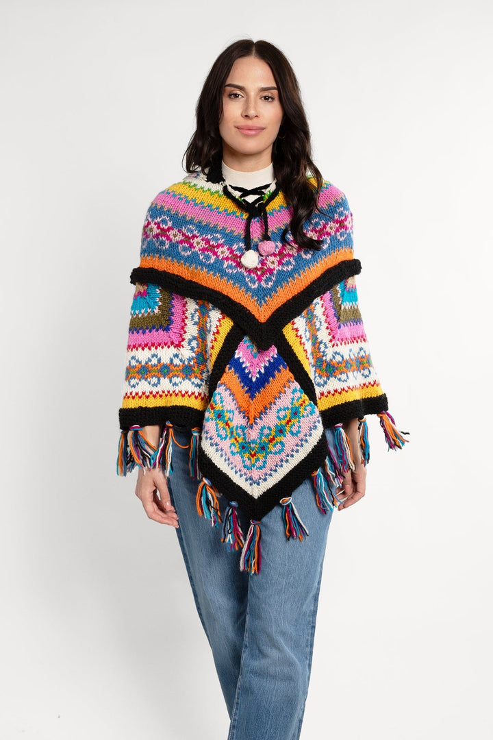 Hooded Vibrant Fair Isle Patchwork Poncho Dark Multi