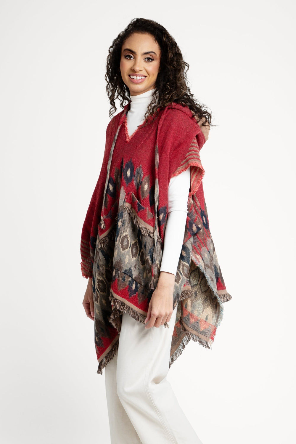 Hooded Aztec Poncho Firebrick