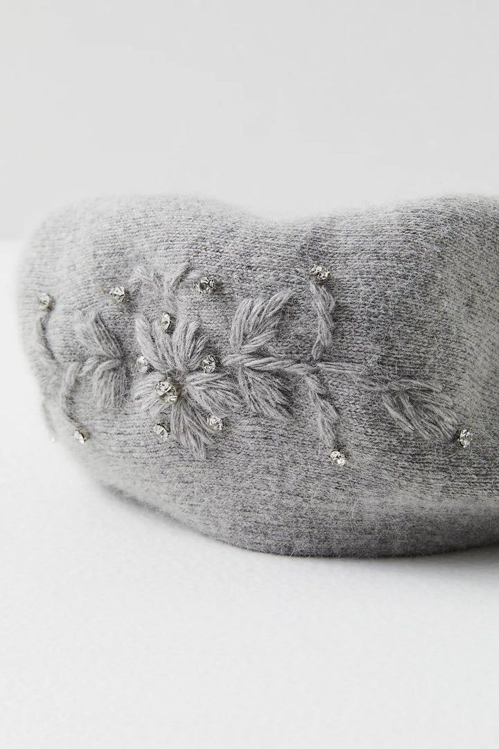 Crystal Embellished Floral Beret Dark Gray