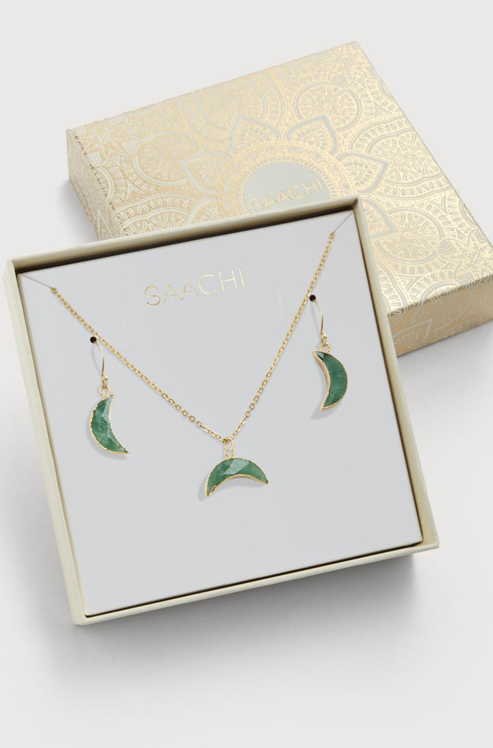 Mini Moon Gemstone Earring and Necklace Set Sea Green