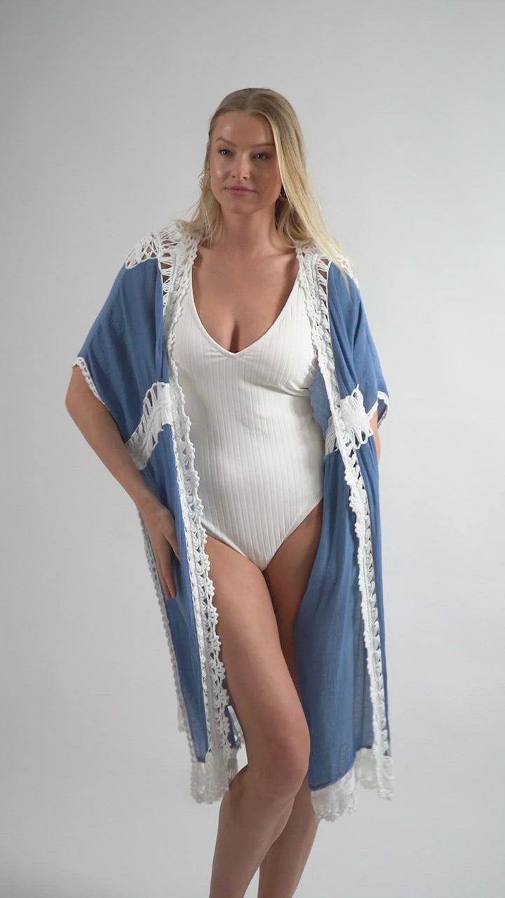 Crochet Detail Kimono Corn Flower Blue